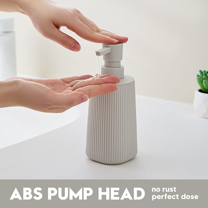 Small Soap Dispenser for Bathroom and Kitchen, Modern Farmhouse Striped Style Plastic Hand Soap Dish Soap Dispenser with Pump Matte Beige