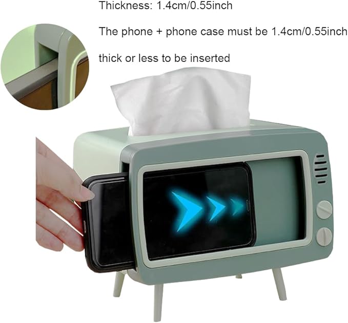 Fun Cute TV Tissue Box Holder,Multi Functional Square Tissue Box Cell Phone Holder for All Smartphone Toilet Paper Napkin Box Desktop Decoration for Room Bathroom Kitchen Dining (Blue)