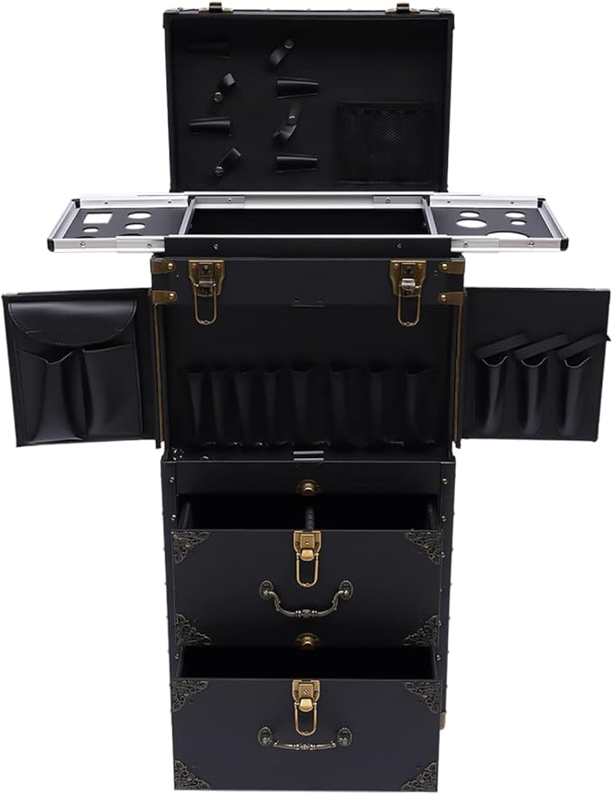 Rolling Lockable Makeup Train Case, Hairdressing Trolley Travel Organizer Tool Box Stylist Beauty Salon Cosmetic Luggage with Hair Dryer Holder for Barber Stores Hairdressing Colleges Homes
