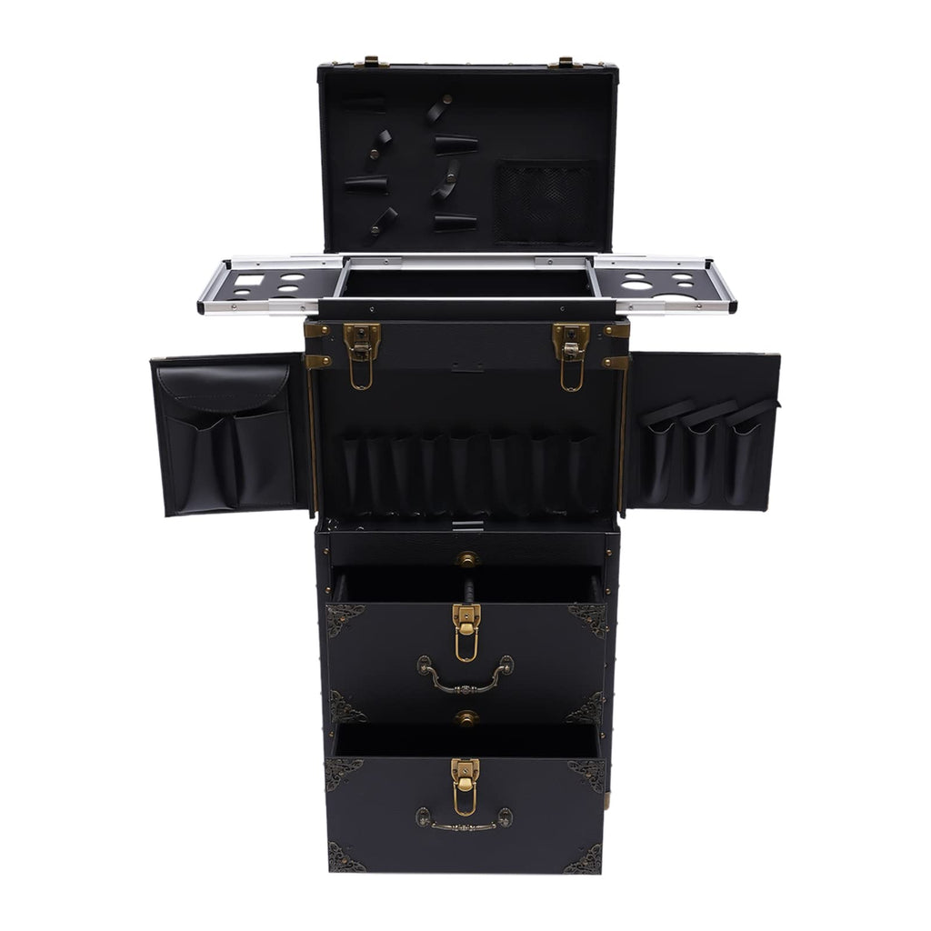 Rolling Lockable Makeup Train Case, Hairdressing Trolley Travel Organizer Tool Box Stylist Beauty Salon Cosmetic Luggage with Hair Dryer Holder for Barber Stores Hairdressing Colleges Homes