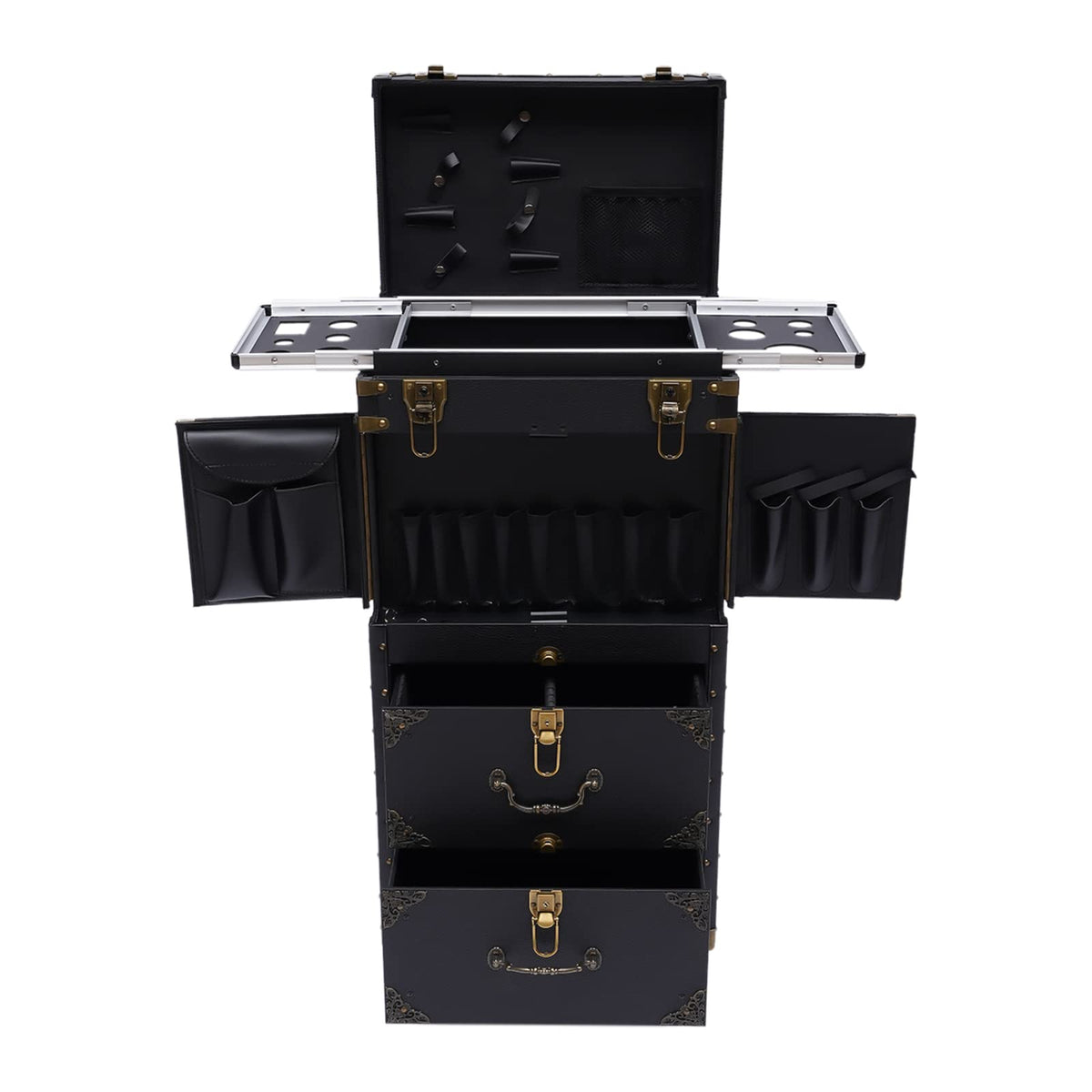 Rolling Lockable Makeup Train Case, Hairdressing Trolley Travel Organizer Tool Box Stylist Beauty Salon Cosmetic Luggage with Hair Dryer Holder for Barber Stores Hairdressing Colleges Homes