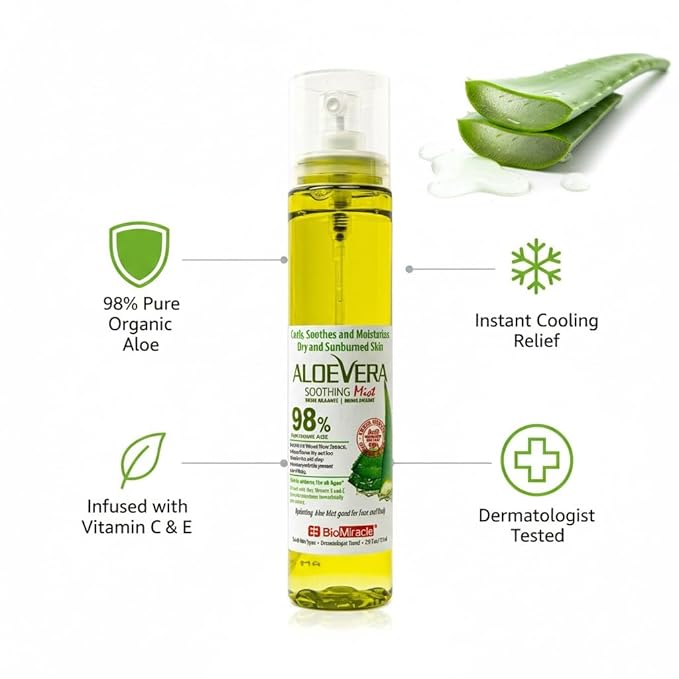 BioMiracle 98% Organic Aloe Vera Mist (3.9 oz) - Cooling Relief for Sunburn, Dry or Irritated Skin, Hydrating Spray with Vitamins C & E, 3-Pack
