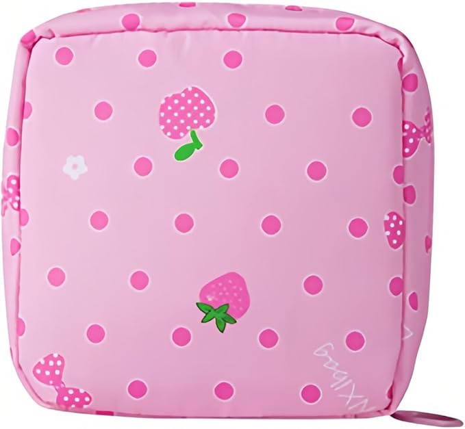 PayPie Sanitary Napkin Storage Bag, Portable Menstrual Pad Bag Tampons Collect Bags, Zipper Nursing Pad Holder Tampon Bag Sanitary Organizer for Women and Girls, 12 * 12 * 4 cm (Pink Strawberry)