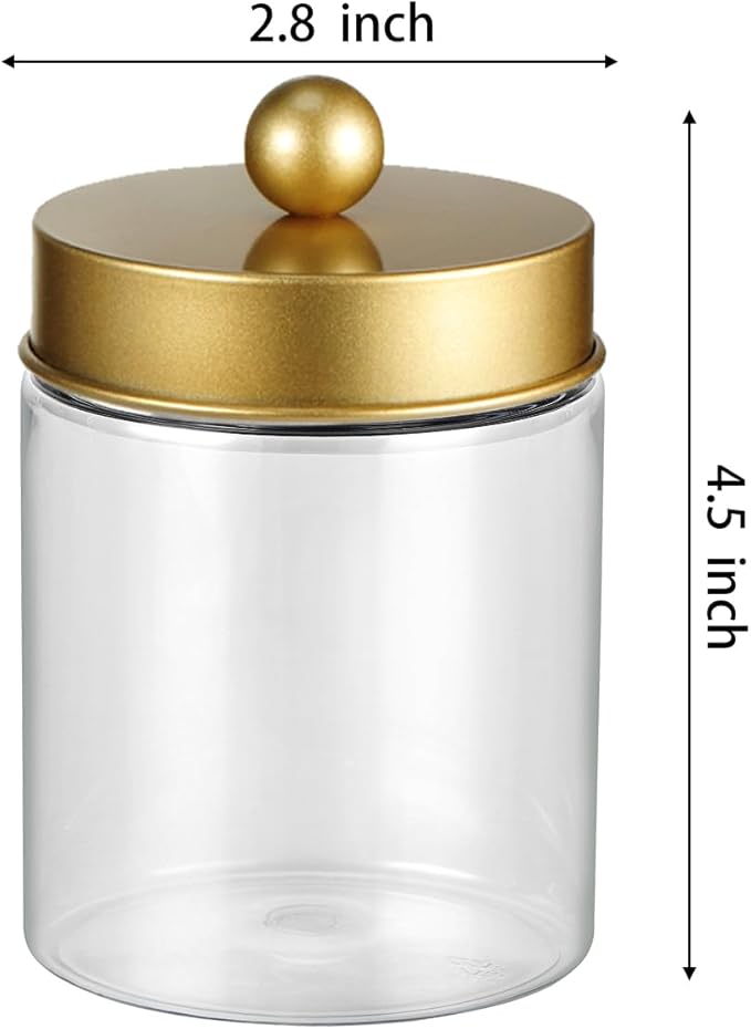 3PC Farmhouse Decor Qtip Holder Apothecary Jars Bathroom Vanity Storage Organizer -Countertop Canister Container &Cute Stickers for Cotton Swab,Ball,Pad,Floss,Paper Clips (Gold,Plastic)
