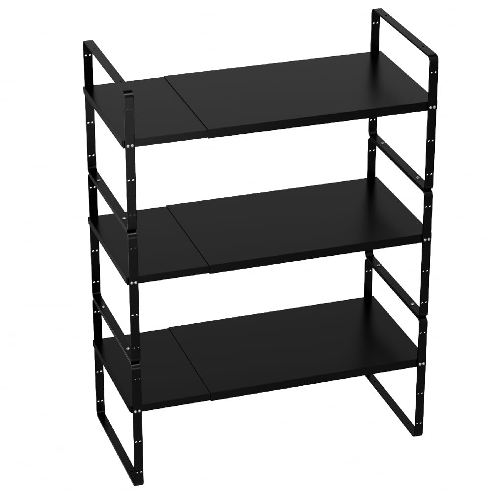 Slideep Expandable Cupboard Organizer,Large Kitchen Cabinet Organizer Stackable Shelf Organizer large Expandable Shelves, Counter Pantry Storage Organization, Black, 16" to27 L x 10" W, 3 pack