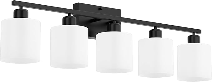 Dekang Bathroom Black Lighting Fixtures Over Mirror, Anti-Rust 5-Light Bathroom Vanity Lights,Milky White Glass Shades