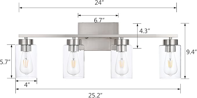 A1A9 4 Light Bathroom Vanity Light Fixtures, Brush Nickel Modern Wall Lights with Clear Glass Shade, Vintage Wall Sconce Lighting for Living Room, Mirror, Bedroom, Hallway (Nickel, 4-Lights)