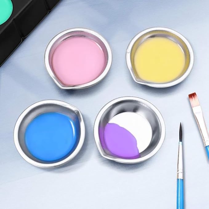 ccHuDE 12 Pcs Stainless Steel Paint Trays Small Round Metal Palette Makeup Cosmetic Mixing Palette with 2 Pcs Plastic Pipettes for Artist Watercolors