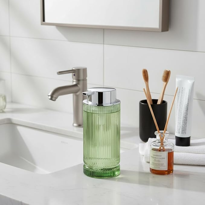 Tonxus 14 Oz Foaming Soap Dispenser, Green Glass Soap Dispenser, Refillable Foam Pump Bottle Lotion Container with Silver Pump, Decorative Slim Ribbed Bottle for Bathroom and Kitchen Decor