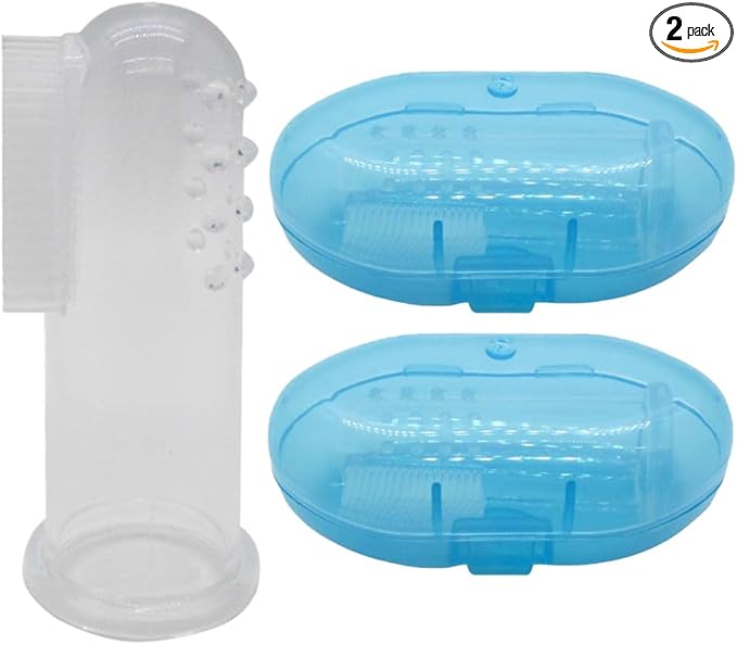 Baby Finger Toothbrush (Set of 2) - Silicone Baby Toothbrush with 2 Cases in Blue - Toddler Training Toothbrush - Newborn Oral Massager - Easy Oral Hygiene for Kids & Pets (Blue)