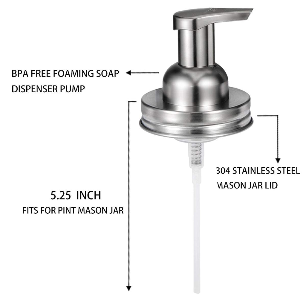 Amolliar Mason Jar Foaming Soap Dispenser Pump Lids, Rustproof Stainless Steel Lid Plastic Pump for Regular Mouth Mason Jar, Kitchen Bathroom Farmhouse Decor, Waterproof Stickers, Brushed Nickel 2Pack
