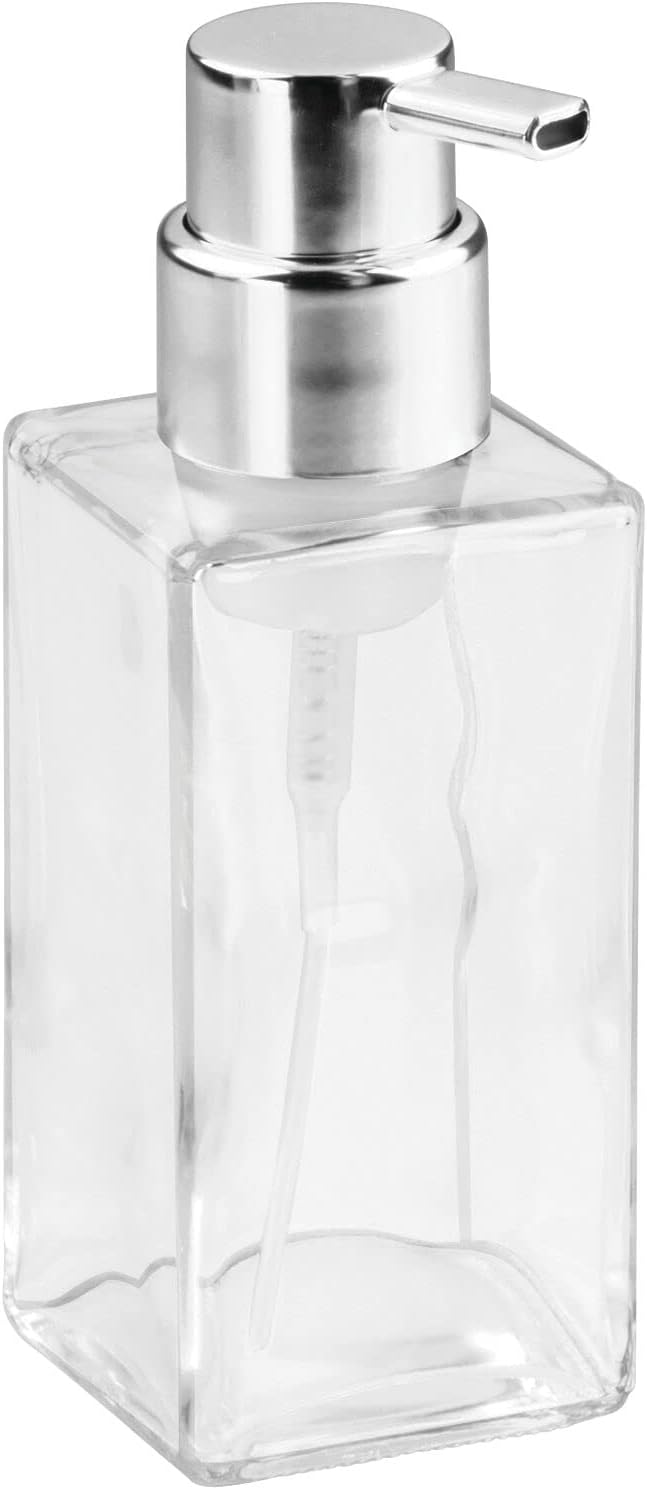 mDesign Glass Refillable Foaming Hand Soap Dispenser Modern Square Pump Bottle for Bathroom Vanities or Kitchen Sink, Countertops - 2 Pack - Clear/Chrome