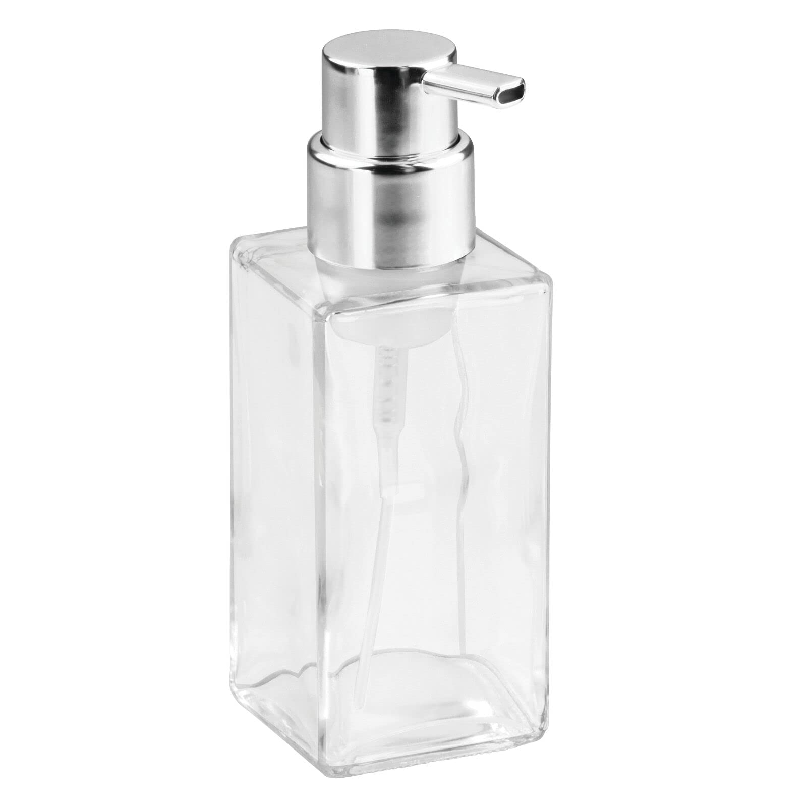 mDesign Glass Refillable Foaming Hand Soap Dispenser Modern Square Pump Bottle for Bathroom Vanities or Kitchen Sink, Countertops - 2 Pack - Clear/Chrome