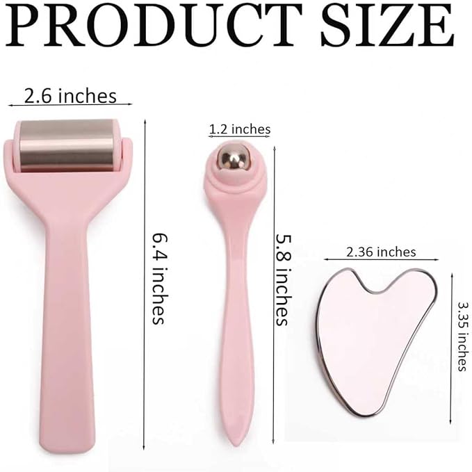 Ice Roller for Face&Eyes with Gua Sha Facial Tool, 3-Pcs Stainless Steel Facial Massage Tool Sets for Face Jawline Shaper, Double Chin Reducer, Puffiness Reducing, Lymphatic Drainage
