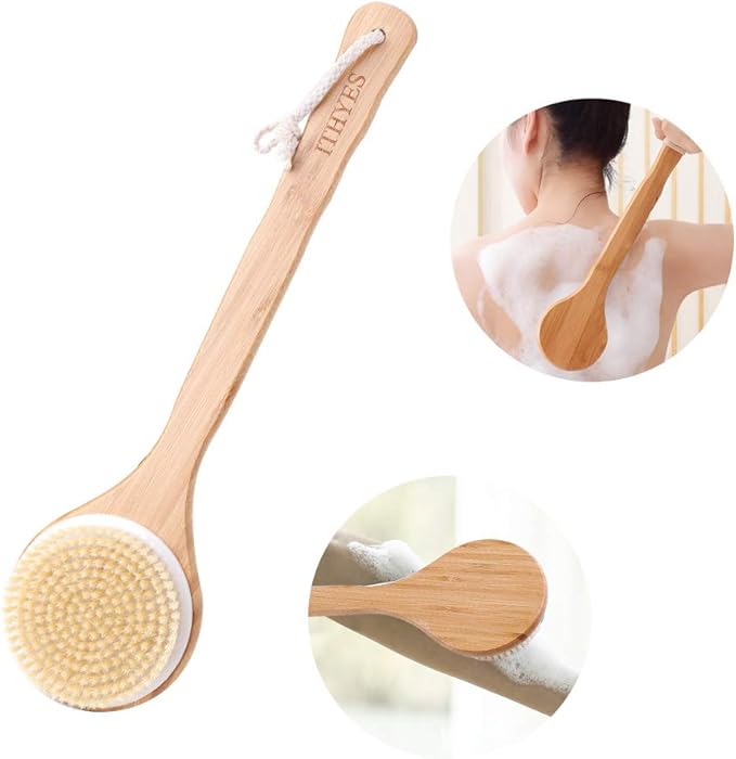 Ithyes Body Brush Dry Brushing Back Scrubber Shower Bath Brush Bamboo Wood Long Handle Natural Bristles exfoliating Massage Improve Blood Circulation Cellulite