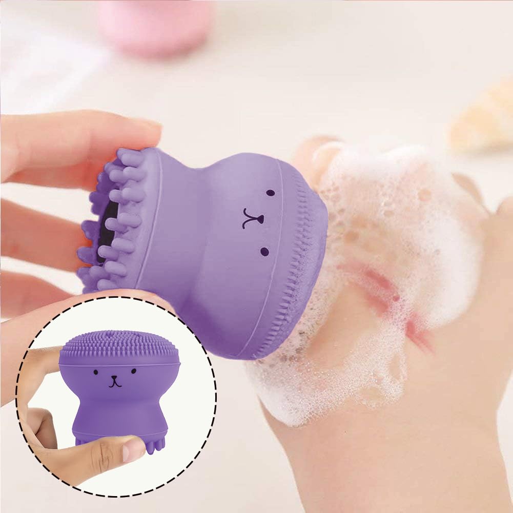 Facial Cleansing Brush Jellyfish Exfoliating Face Brush Handheld Massaging Cute Small Octopus Shape Facial Scrubber Spin Cleanser Massage Baby Shampoo Brush Exfoliate Skin for Men Women(púrpura)