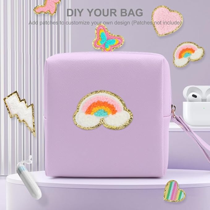 Sanitary Napkin Period bag for Women, Sanitary Napkin Storage Bag, PU Leather Sanitary Pad Bags Pounch, Portable Tampons Zipper Organizer Bag with Handle for Ladies