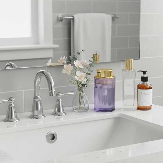 Tonxus Foaming Soap Dispenser, 12 Oz Purple Glass Soap Dispenser, Refillable Liquid Lotion Container Foam Gold Pump Bottle Decorative Modern Slim Ribbed Bottle for Bathroom and Kitchen