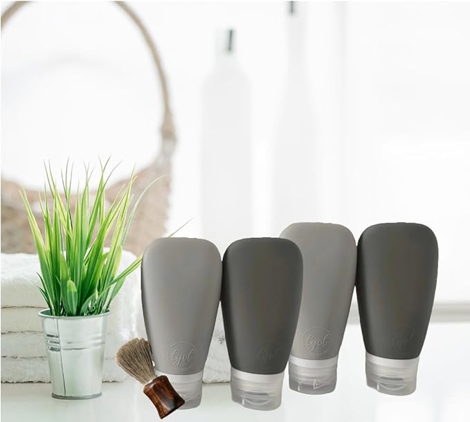 LYOB Travel Bottles for Toiletries, TSA Approved 3oz Leak Proof Silicone Soft Refillable Squeeze Travel Size Containers BPA Free for Cleansers, Lotions, Shampoo, Conditioner 4pk (2Black-2Gray)