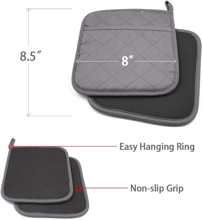 YEKOO 2Pcs Cotton and Neoprene Oven Pads Pot Holders with Pocket 8"x8.5" Dual-Function Hot Pad Set for Finger Hand Wrist Protection Heat Resistant to 428°F,Gray