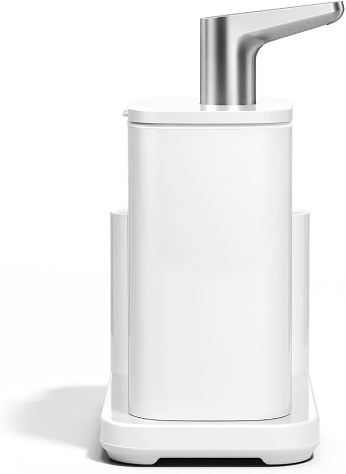 simplehuman Pulse Pump, 16 oz. with Caddy, Premium Soap Dispenser for Kitchen and Bathroom, Drip and Clog Free Valve, Mess-Free Wide Refill, Magnetic Caddy for Sponge, White Stainless Steel