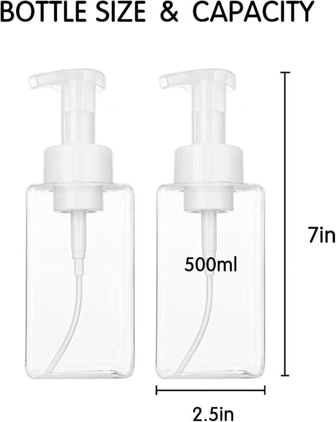 2 PCS-Foaming Soap Dispenser, Hand Soap Dispenser, Refillable Foam Liquid Hand Soap Empty Plastic Pump Bottle Container for Bathroom Vanities, Kitchen Sink, Hospital, Clinic（17 oz ） (Transparent)
