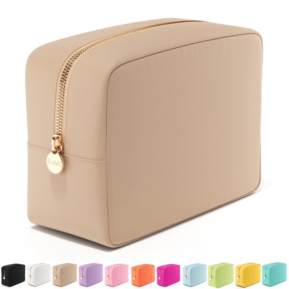 Embla Large Makeup Bag and Waterproof Nylon Travel Toiletry Bag, Large Capacity Cosmetic Zipper Pouch, Beige