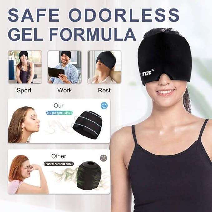 Migraine Relief Gel Ice Head Wrap, Hot and Cold Therapy Headache Relief Hat, Migraine Cap for Puffy Eyes, Headache Eyes Mask for Sinus, Tension and Stress Relief (Black & Pink)