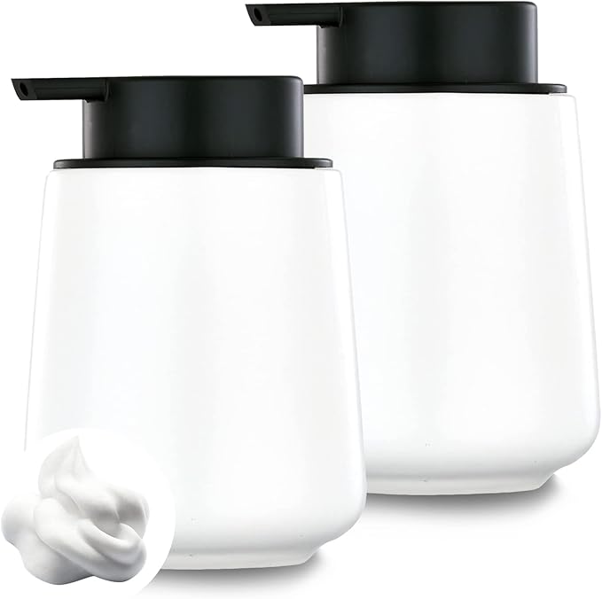 12Oz Hand Soap Dispenser Set - 2 Pack Ceramic Foam Soap Dispenser Set with Easy-to-Press Black Pump, Refillable Mordern Foaming Dish Soap Dispensers for Bathroom & Kitchen (White, Foam Pump)