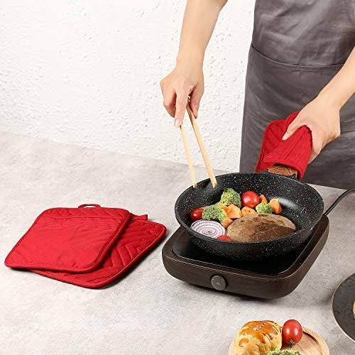 VEIKERY Oven Pot Holder with Pocket Cotton Heat Resistant Coaster Potholder Kitchen Hot Pad Oven Mitts for Cooking Square 7"x9"Set of 5 (Red)