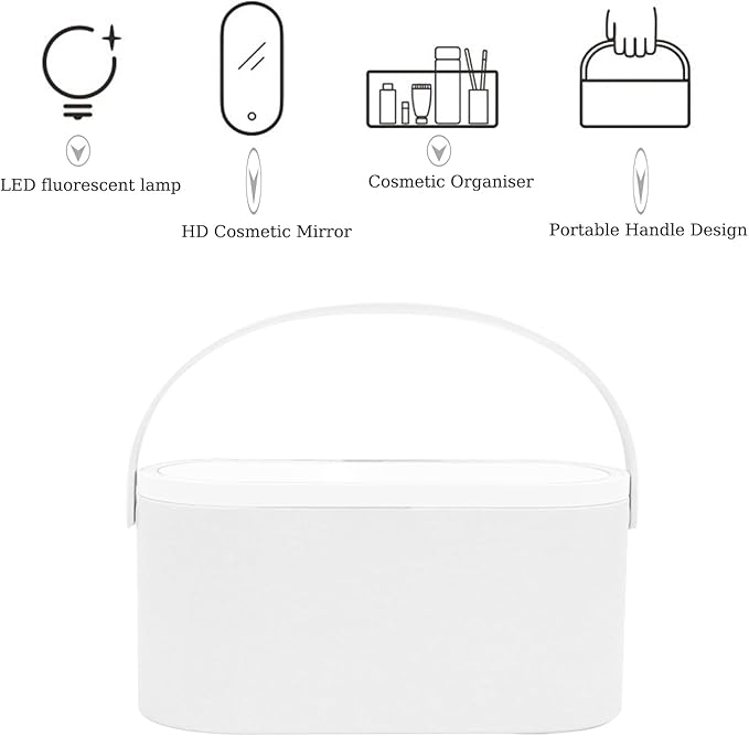 HPYDIY Portable LED Makeup Mirror with Storage Box, Touch Control Dimmable Light, Rotatable Stand & Rechargeable Cosmetic Organizer for Travel
