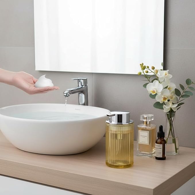 Tonxus Foaming Soap Dispenser, 12 Oz Amber Glass Foam Hand Soap Dispenser, Refillable Glass Foam Pump Bottle Container Decorative Slim Ribbed Bottle for Bathroom and Kitchen