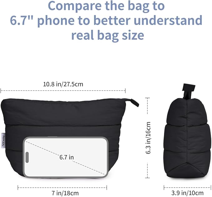 Narwey Black Travel Makeup Bag Women Girl, Cute Makeup Cosmetic Pouch, Puffer Makeup up Organizer Bag, Travel Toiletry Bag (Black)
