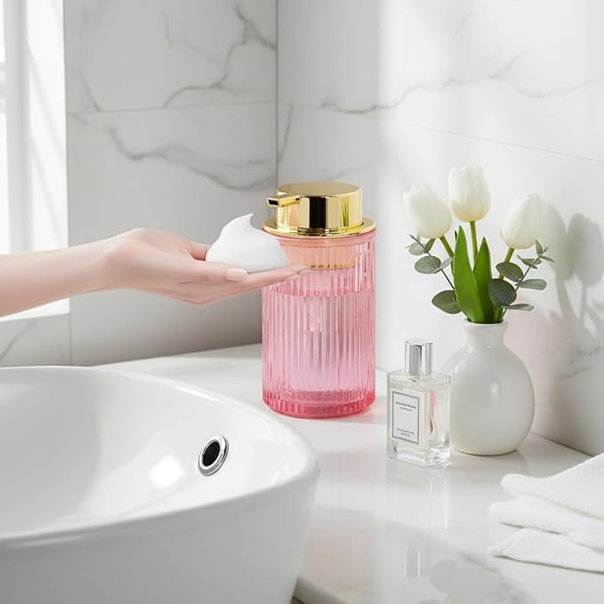 Tonxus Foaming Soap Dispenser, 12 Oz Pink Glass Soap Dispenser, 2pcs Refillable Liquid Lotion Container Foam Pump Bottle Decorative Modern Slim Ribbed Bottle for Bathroom and Kitchen