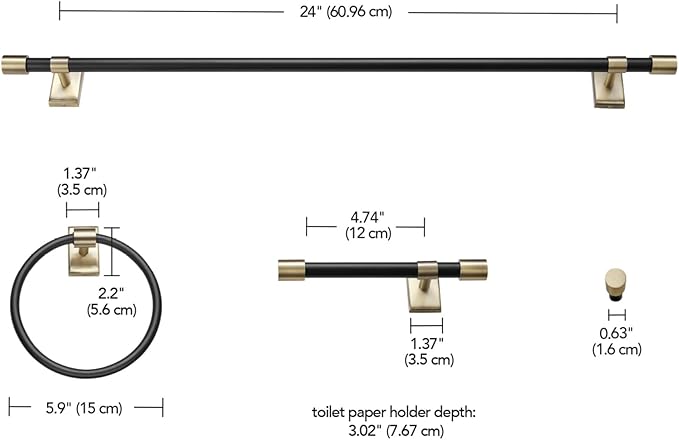 GLOBE Electric 63000058 5-Piece All-in-One Bathroom Accessory Set, Brass & Black, 3-Light Vanity Light, Towel Bar, Toilet Paper Holder, Towel Ring, Robe Hook, Bathroom Lights Over Mirror