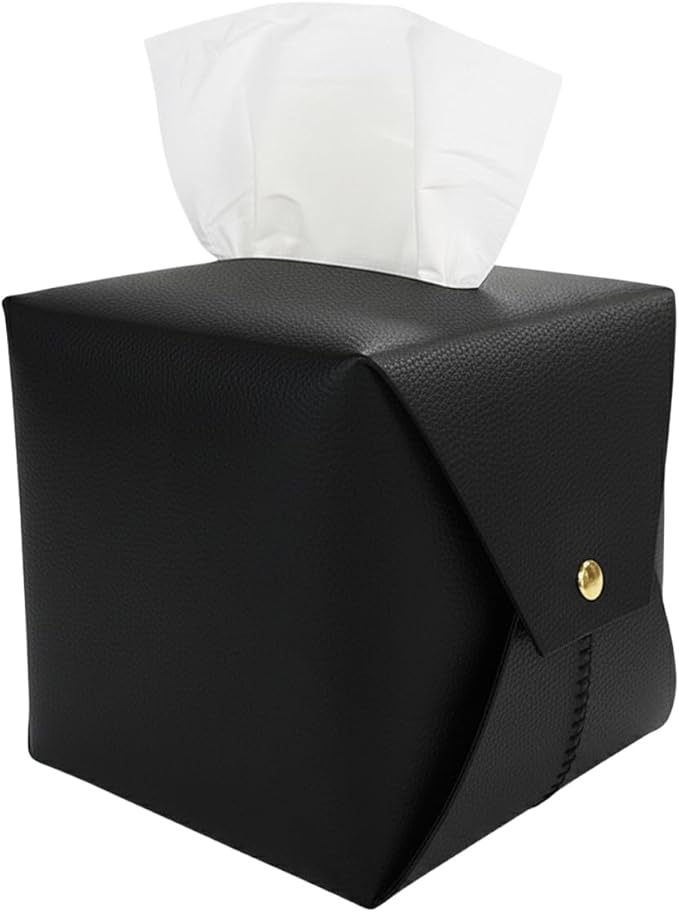 Frayot Tissue Box Cover Square, Faux Leather Tissue Holder Organizer with Side Openings for Bathroom, Vanity, Tabletop, Office (1Pack-Black)