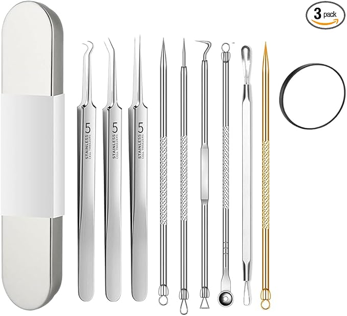 Blackhead Tweezers Remover, Stainless Steel Blackhead Remover Kit, Professional Pimple Extractor Popper Tool Kit, for Forehead, Facial and Nose (9pcs+15xMagnifying Glass)