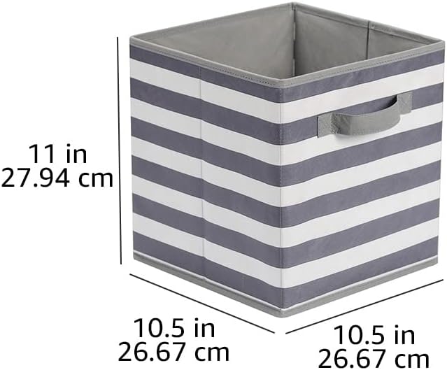 Amazon Basics Collapsible Fabric Storage Bins with Handles, Cube Organizer for Home Organization, 10.5"x10.5"x11", White/Light Grey Stripe, 6 Count (Pack of 5)