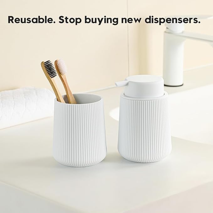 YAUKPH Striped Foaming Hand Soap Dispenser with Leak-Proof Pump for Bathroom and Kitchen Countertop 11oz White