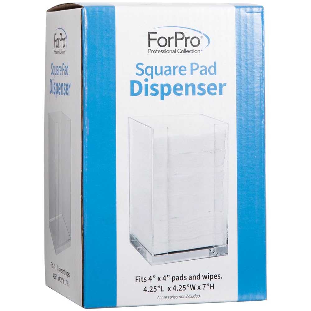 ForPro Square Pad Dispenser - Clear, Acrylic, Open Sides and Top Dispenser - Fits 4” x 4” Cotton Pads - 7” H x 4.25” W x 4.25” L