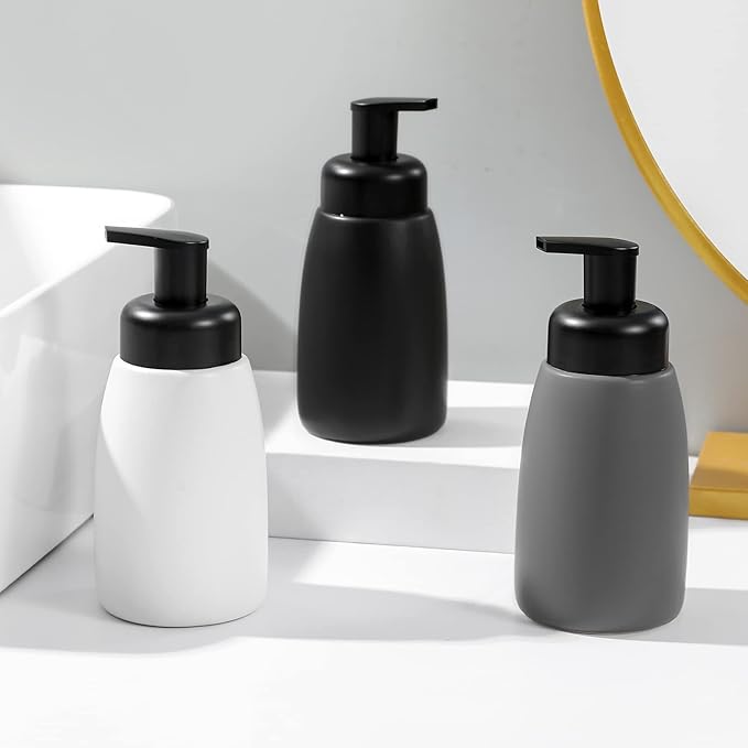 Foaming Hand Soap Dispenser Ceramic Jar Foam Dish Soap Dispenser for Bathroom and Kitchen Sink, Liquid Pump Bottle for Shampoo, Body Wash, Hand Soap, Grey, 2 Pack