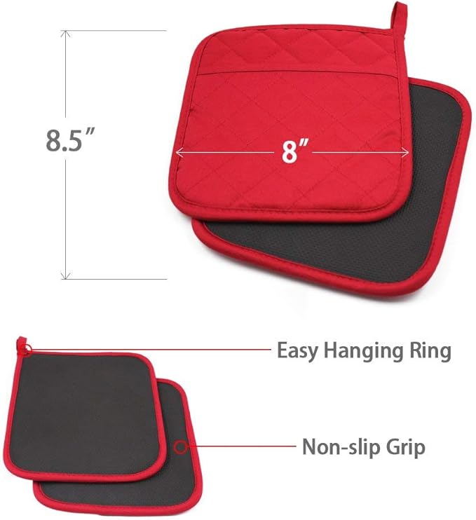 YEKOO 2Pcs Cotton and Neoprene Oven Pads Pot Holders with Pocket 8"x8.5" Dual-Function Hot Pad Set for Finger Hand Wrist Protection Heat Resistant to 428°F,Red