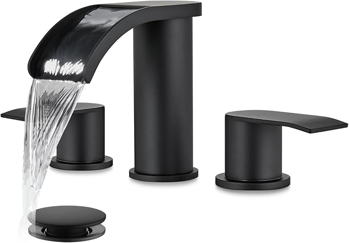 gotonovo Waterfall 8 inch Widespread Bathroom Faucet Set Bathroom Sink Faucet 3 Hole 2 Handle Vanity Lavatory Deck Mount with Pop Up Drain and Water Supply Lines Round Body Matte Black