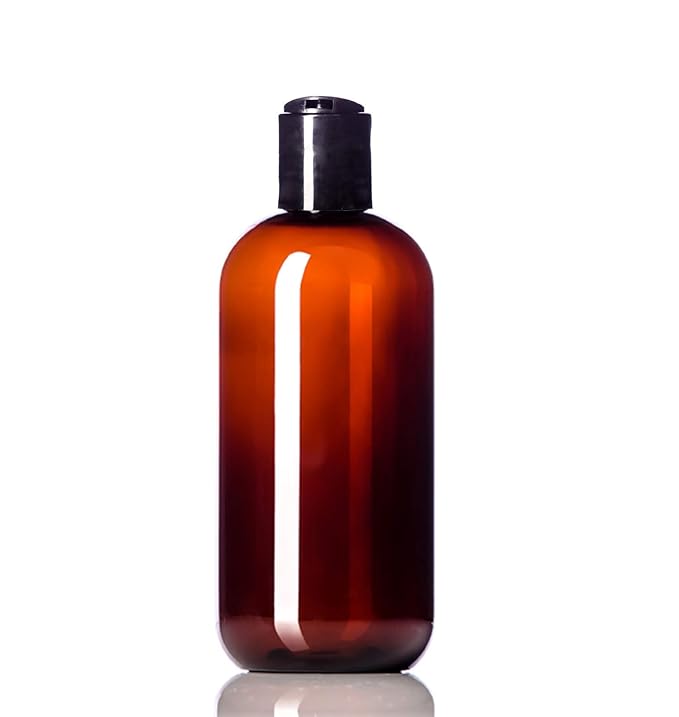 Aromine 8oz Plastic Amber Bottles (6 Pack) BPA-Free Squeeze Containers with Disc Cap, Labels Included
