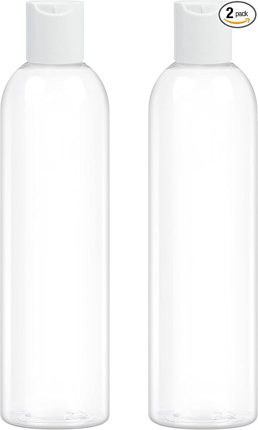 ZLEVEAYN 2 Pack 8 oz Clear Plastic Bottles with White Disc Caps Refillable Empty Squeeze Containers Cosmetic Bottles for Toiletries Conditioner Shampoo Lotions Gels