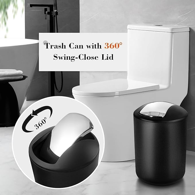 ALPIRIRAL Black Bathroom Accessories Set, 23Pcs Bath Accessory Sets Complete with Bathtub Mat, Shower Curtain Set with Hooks, Soap Dispenser, Toothbrush Holder, Qtip Holder, Trash Can, Toilet Brush