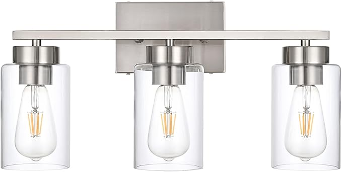 A1A9 3-Light Bathroom Vanity Light, Modern Brushed Nickel Wall Lights with Clear Glass Shades, Bathroom Wall Sconce Lamp for Mirror Living Room Bedroom Hallway