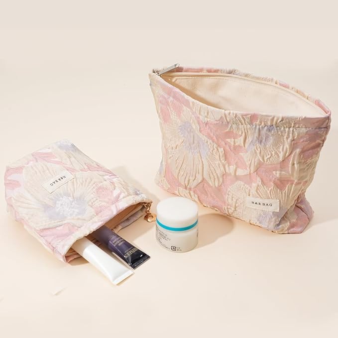 BOCGRPU 2 PCS Makeup Bag Small Cute Makeup Pouch Floral Cosmetic Bag for Women，Soft Toiletry Bag Pouch for Purse, Stereoscopic Emboss Craft Makeup Bag with Zipper（ Relief Pink Flower）