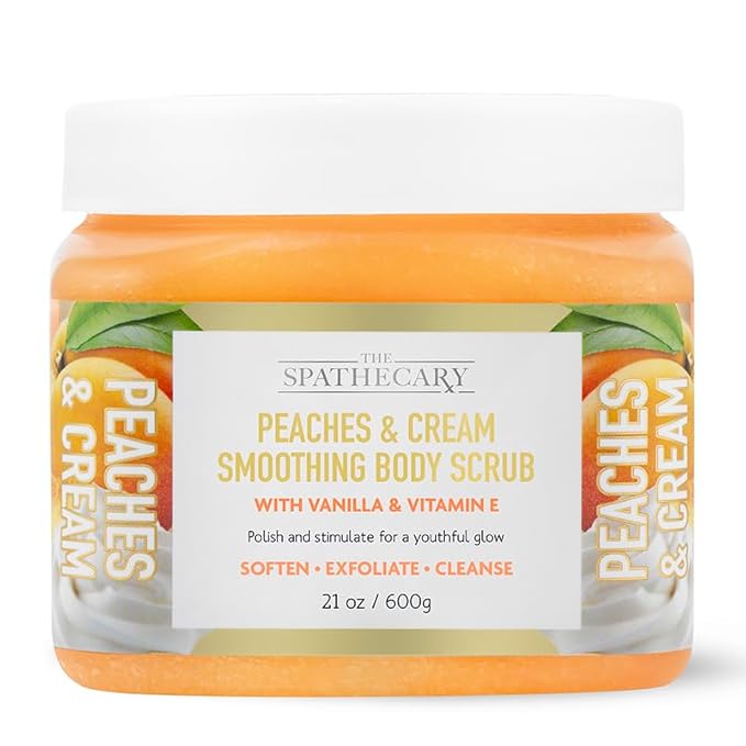 The Spathecary Peaches & Cream Sugar Scrub - Exfoliating & Hydrating Body Scrub, Vanilla & Vitamin E to Help Polish, Stimulate & Soften Skin For A Youthful Glow, Body Care Exfoliator & Cleanser, 21 oz
