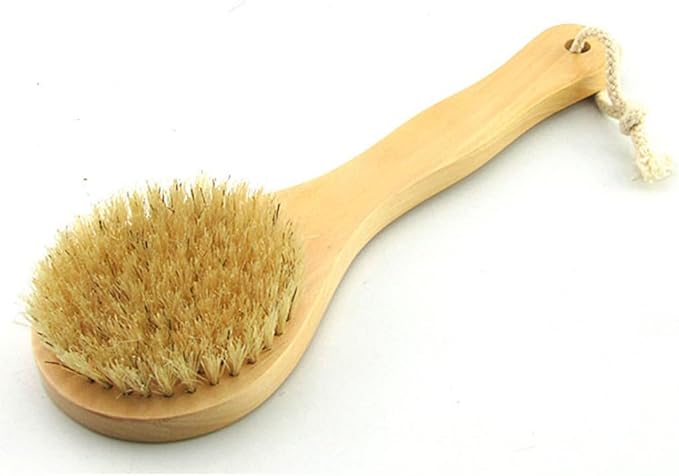 HiKin 9.84 Inch Dry Body Brush Back Scrubber, Wooden Short Handle Natural Bristles Bath & Shower Brush.